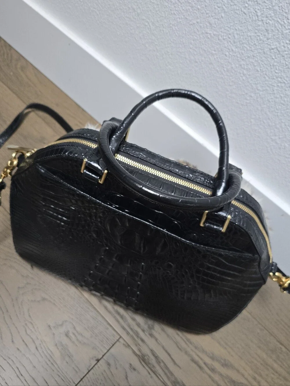 🆕️ Brahmin Hudson Leather Top Handle Satchel in Creme Muse Leopard Rabbit Fur